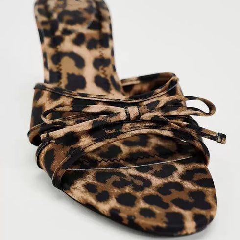 Elegant Leopard Print Bow Knot High Heel Mules for Women